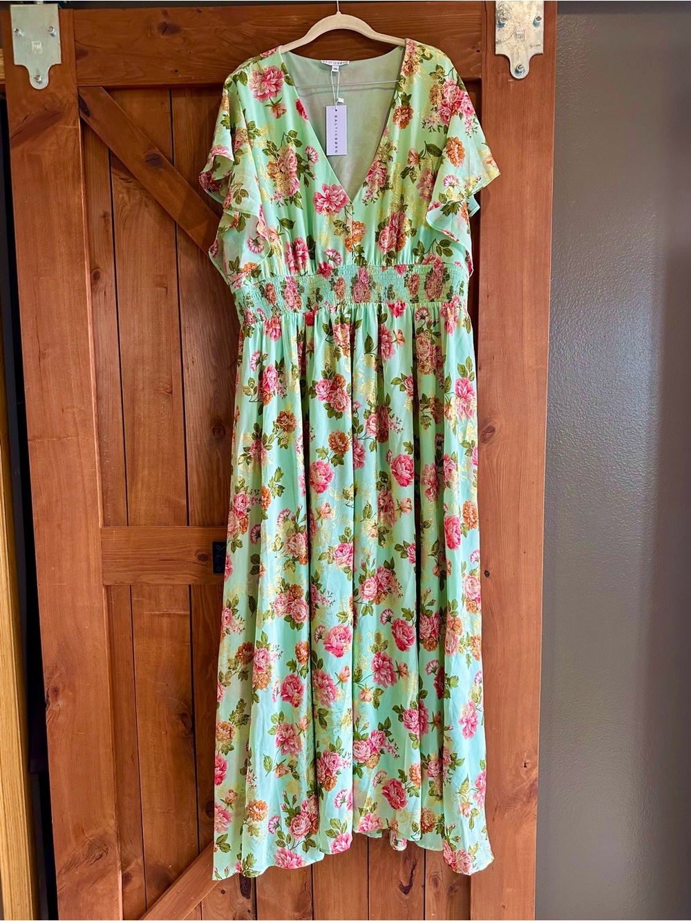 Baltic Born Mint Green Floral V-Neck Smocked Waist Dress